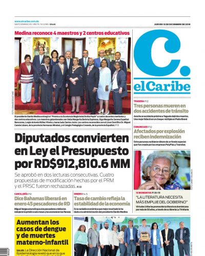 Portada Periódico El Caribe, Jueves 13 de Diciembre 2018