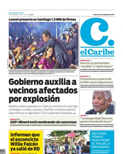 Portada Periódico El Caribe, Lunes 10 de Diciembre 2018