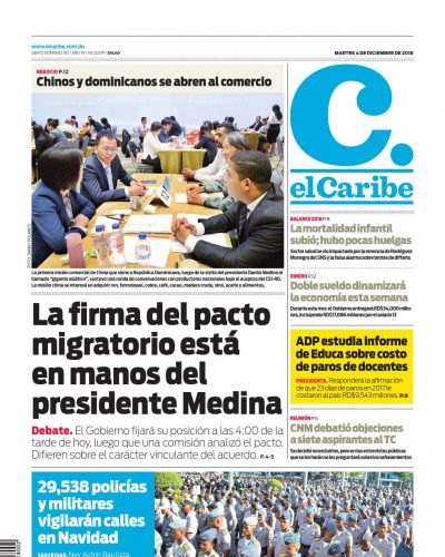 Portada Periódico El Caribe, Martes 04 de Diciembre 2018