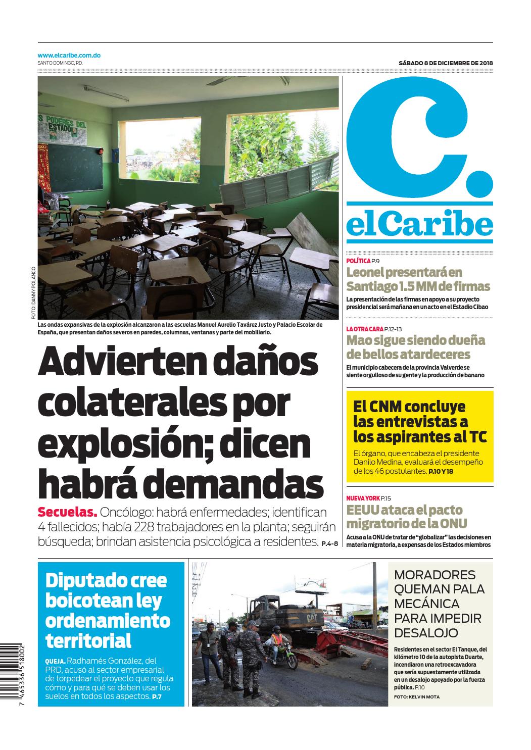 Portada Periódico El Caribe, Sábado 08 de Diciembre 2018