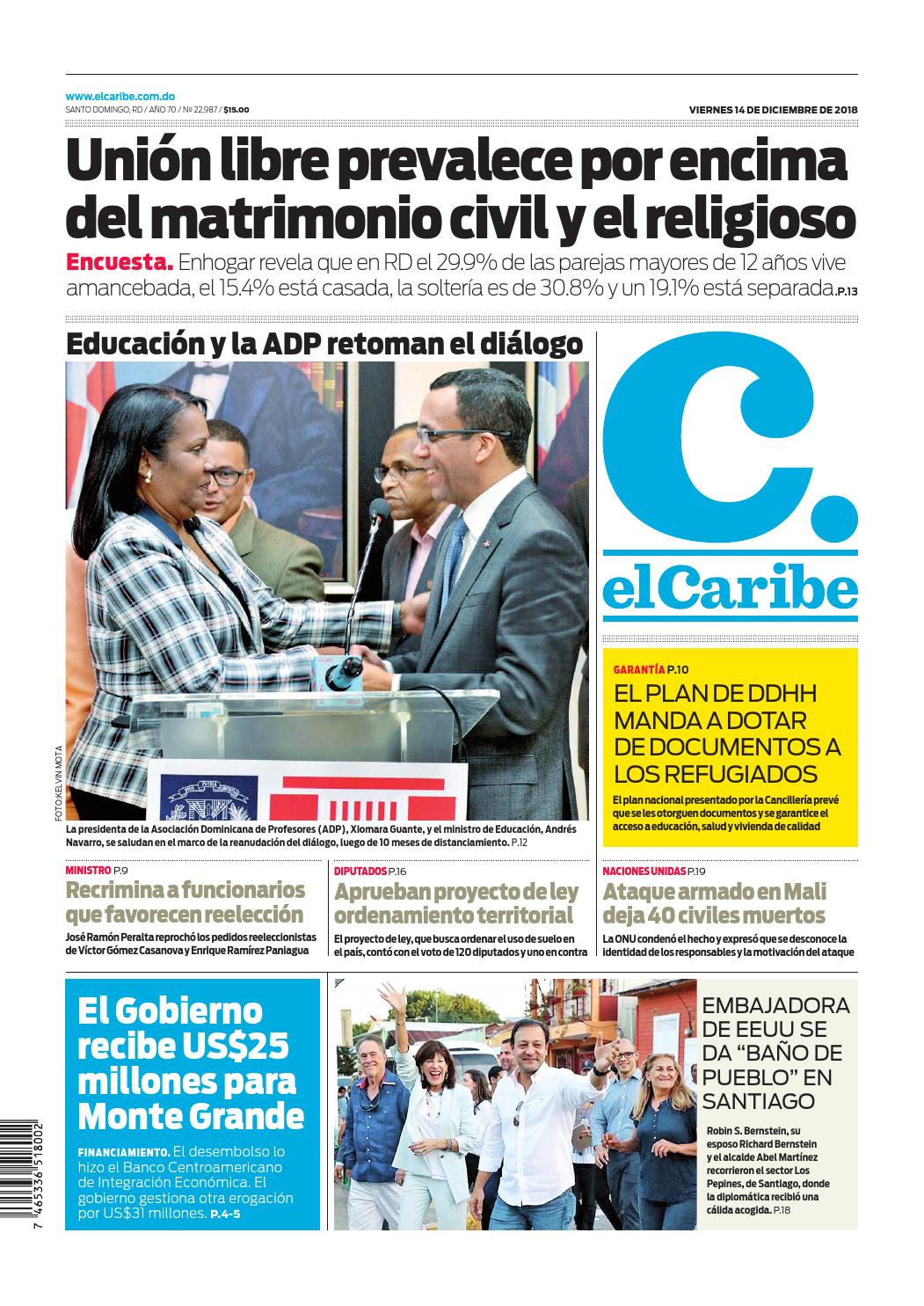 Portada Periódico El Caribe, Viernes 14 de Diciembre 2018