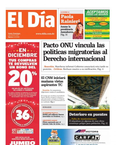 Portada Periódico El Día, Martes 04 de Diciembre 2018