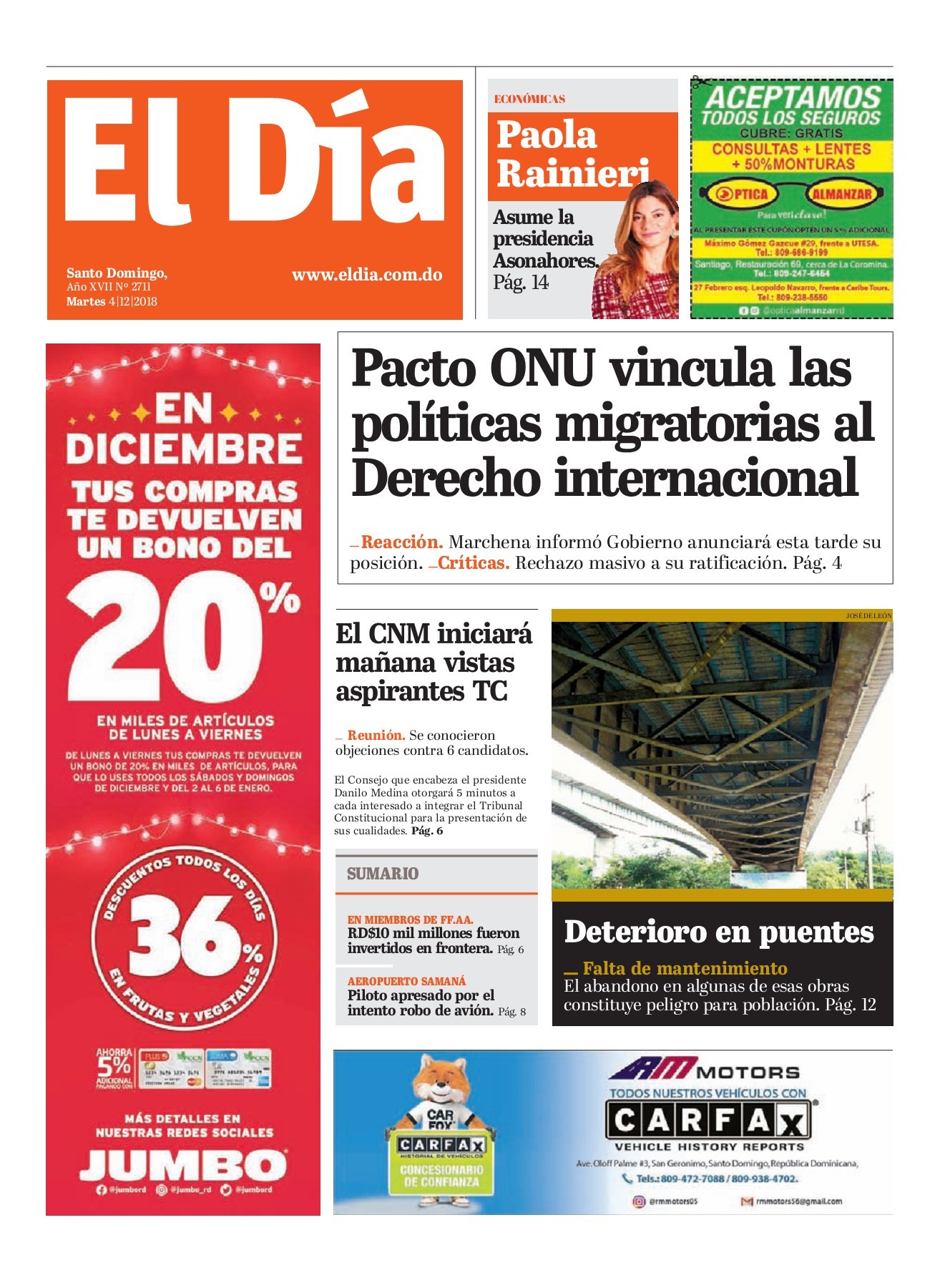 Portada Periódico El Día, Martes 04 de Diciembre 2018