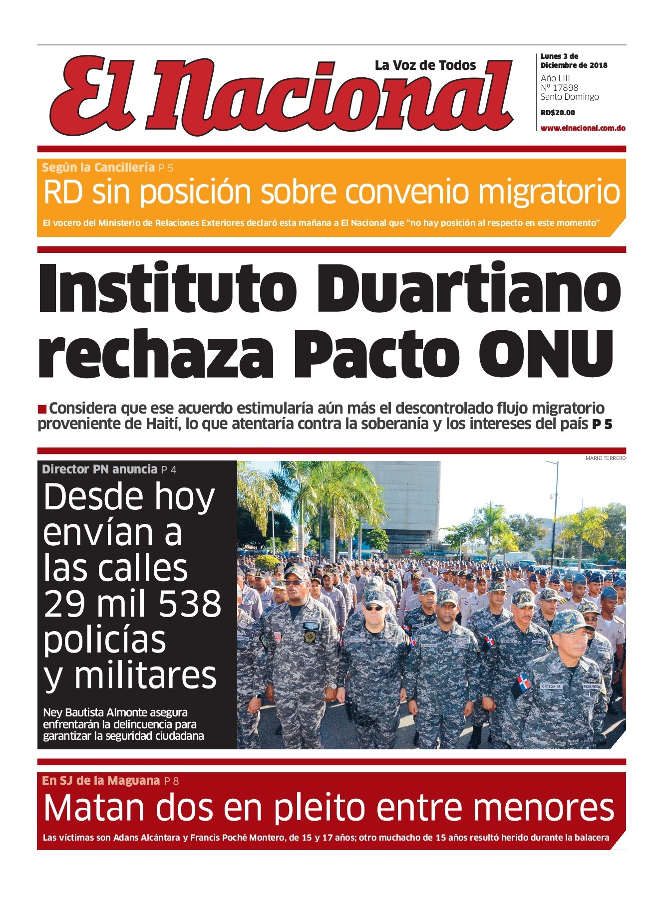 Portada Periódico El Nacional, Lunes 03 de Diciembre 2018