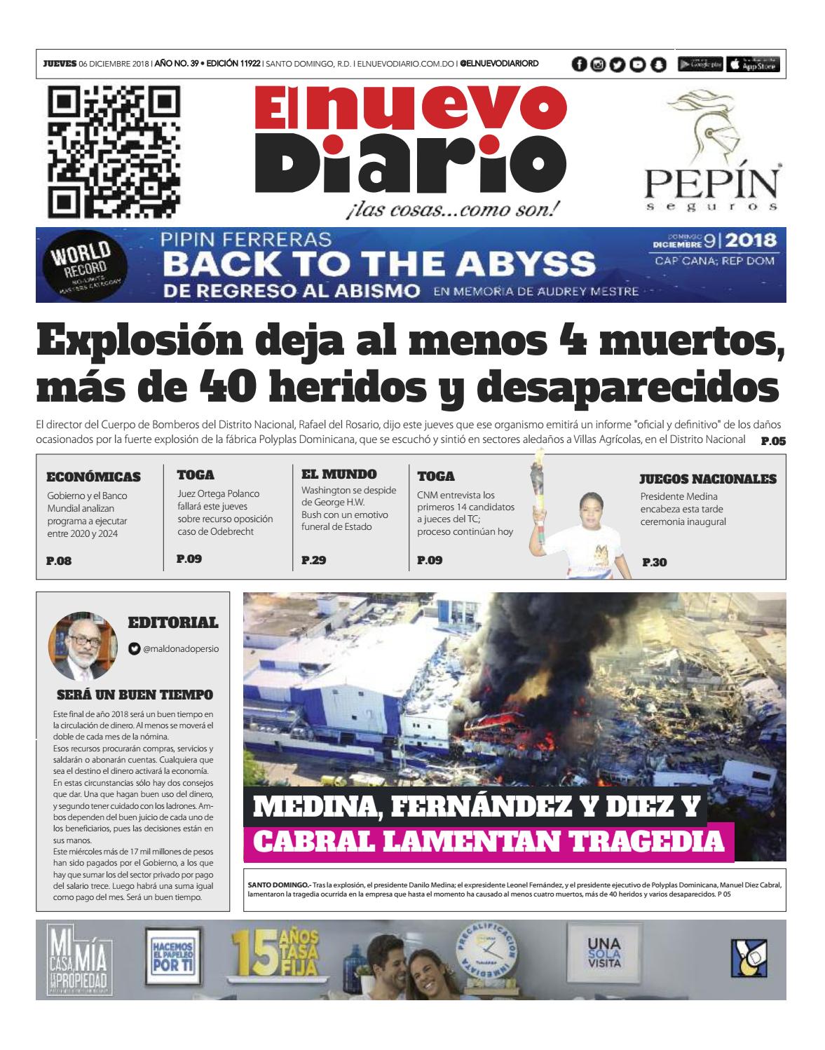 Portada Periódico El Nuevo Diario, Jueves 06 de Diciembre 2018