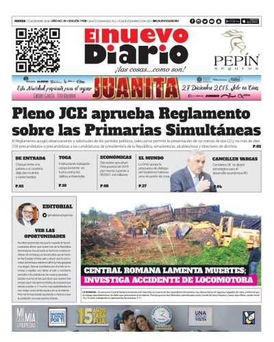 Portada Periódico El Nuevo Diario, Jueves 13 de Diciembre 2018