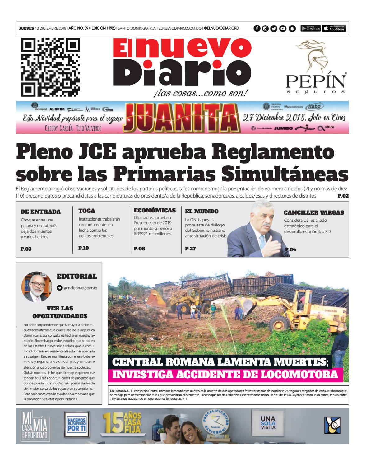 Portada Periódico El Nuevo Diario, Jueves 13 de Diciembre 2018