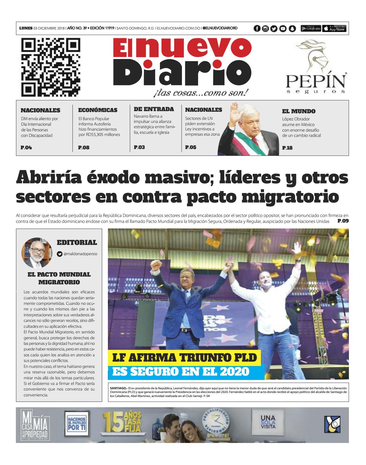 Portada Periódico El Nuevo Diario, Lunes 03 de Diciembre 2018
