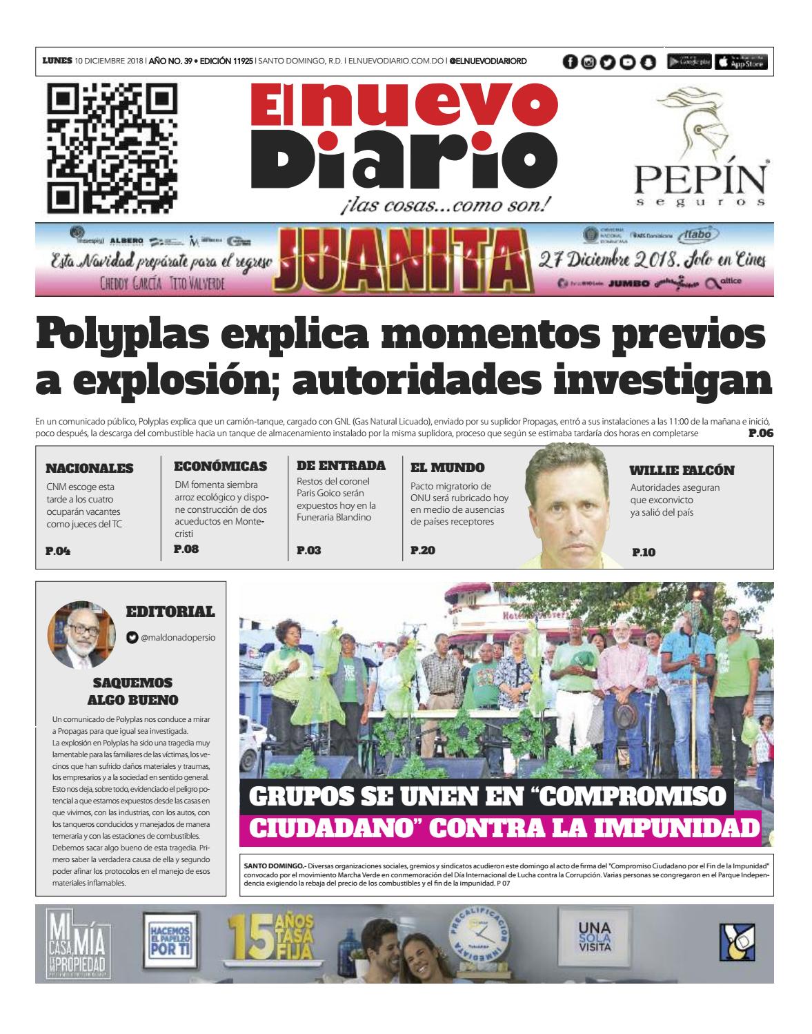 Portada Periódico El Nuevo Diario, Lunes 10 de Diciembre 2018