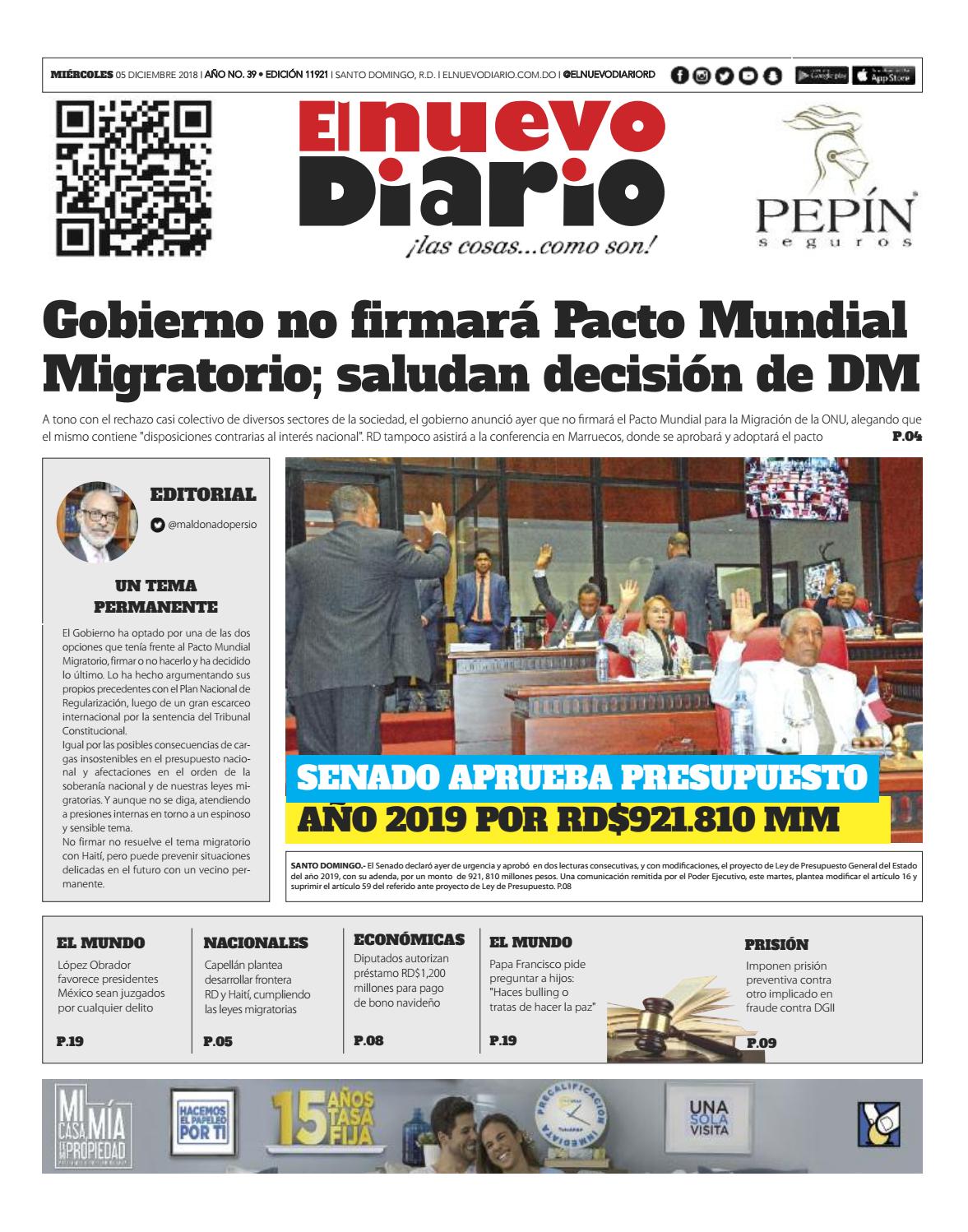 Portada Periódico El Nuevo Diario, Miércoles 05 de Diciembre 2018