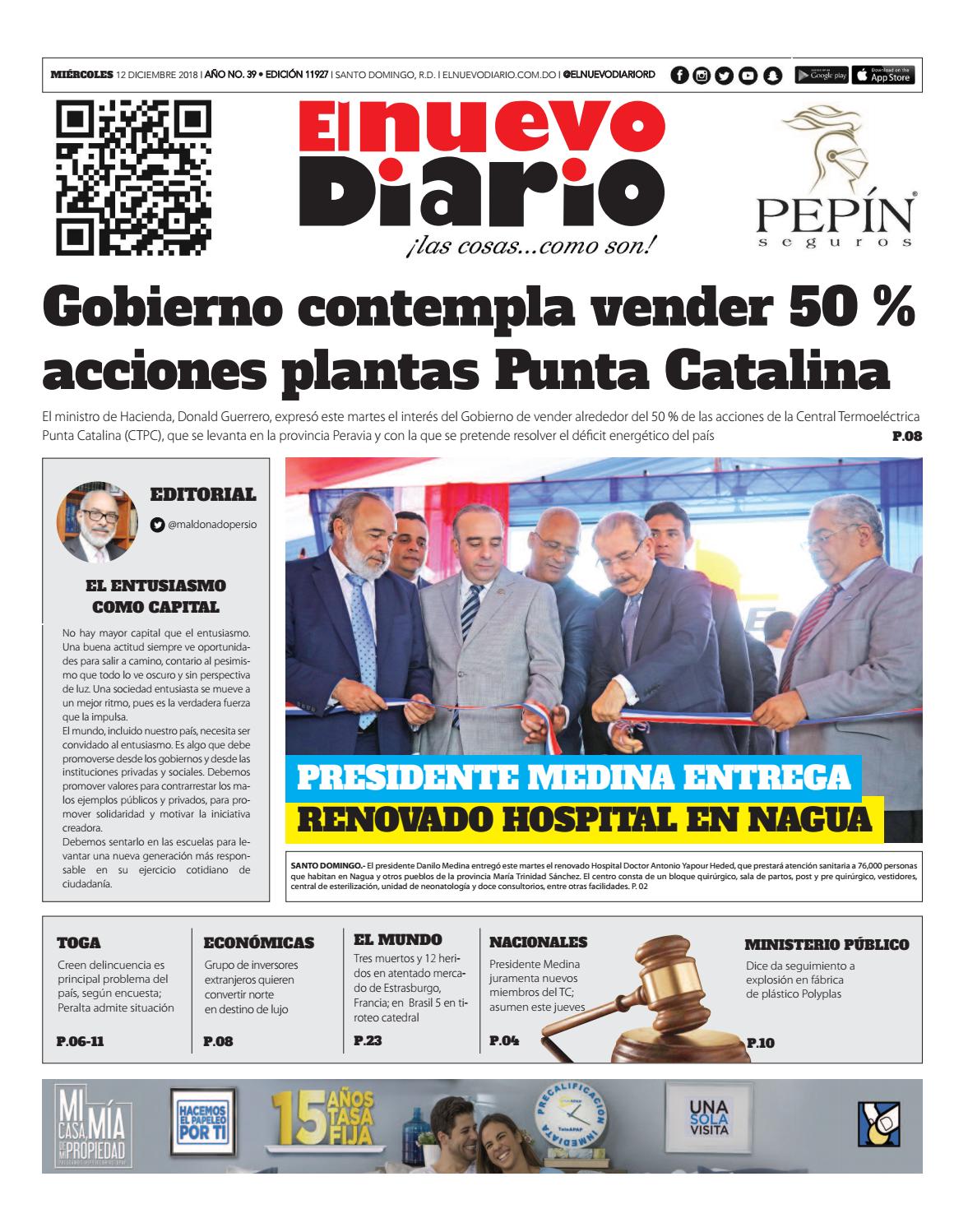 Portada Periódico El Nuevo Diario, Miércoles 12 de Diciembre 2018