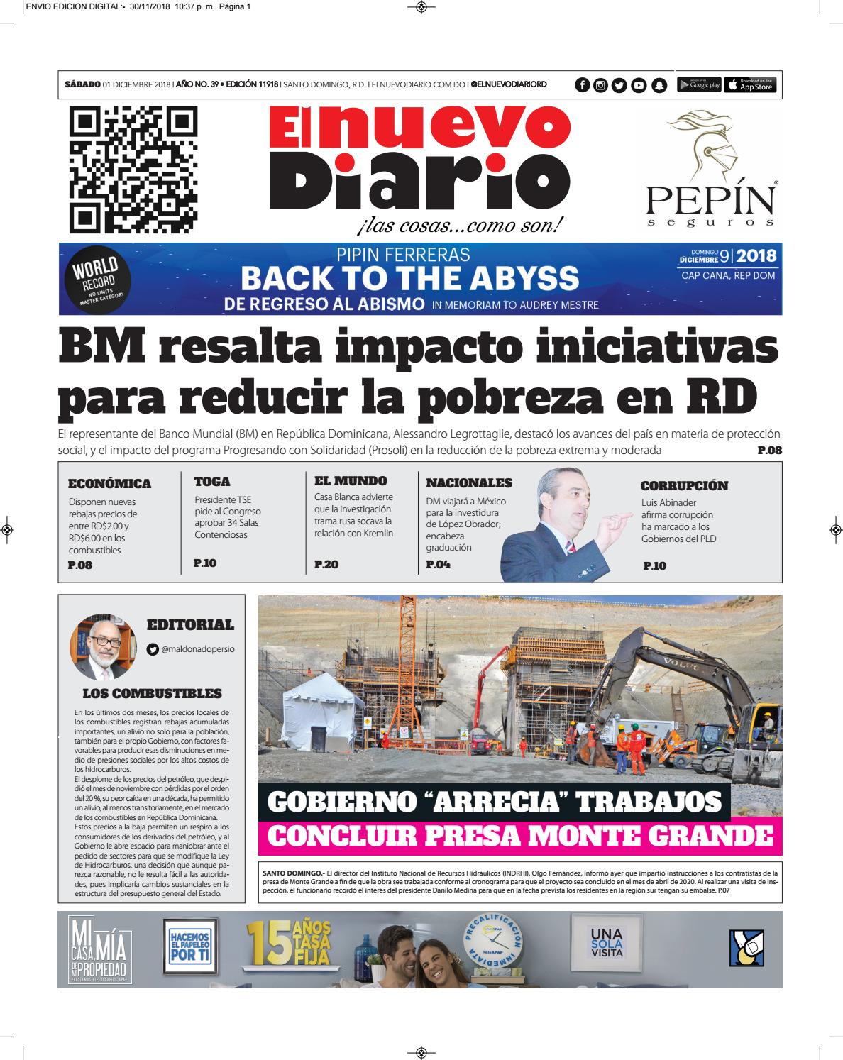 Portada Periódico El Nuevo Diario, Sábado 01 de Diciembre 2018