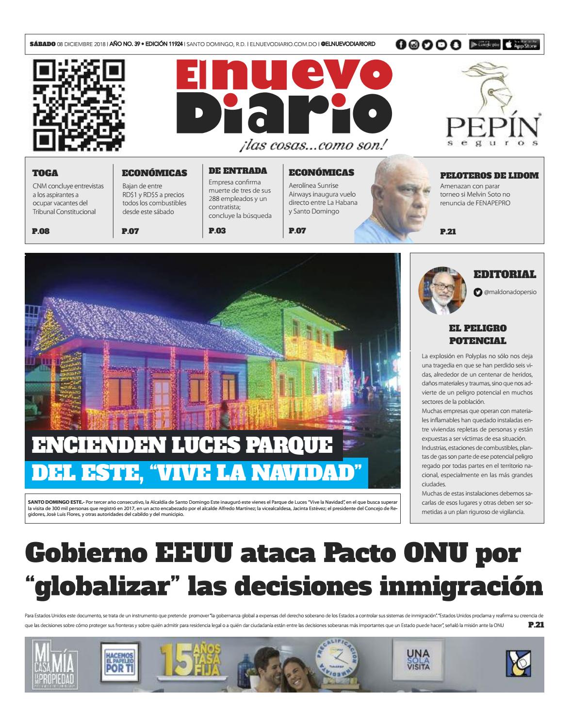 Portada Periódico El Nuevo Diario, Sábado 08 de Diciembre 2018