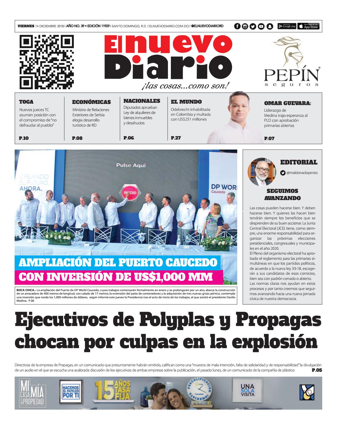 Portada Periódico El Nuevo Diario, Viernes 14 de Diciembre 2018
