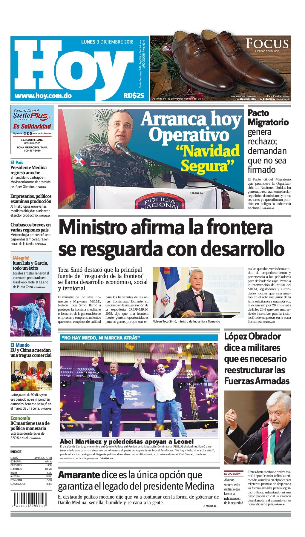 Portada Periódico Hoy, Lunes 03 de Diciembre 2018