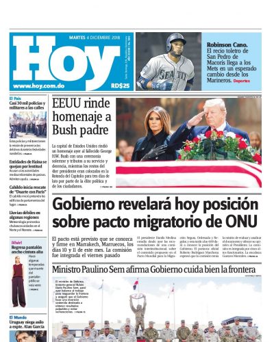 Portada Periódico Hoy, Martes 04 de Diciembre 2018