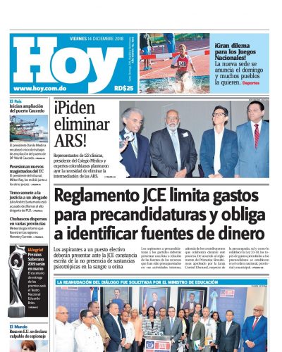 Portada Periódico Hoy, Viernes 14 de Diciembre 2018
