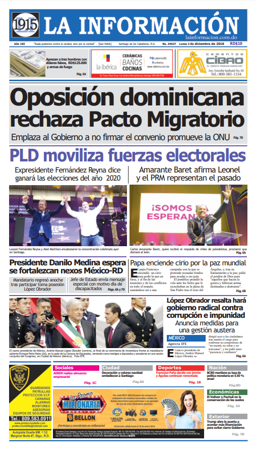 Portada Periódico La Información, Lunes 03 de Diciembre 2018
