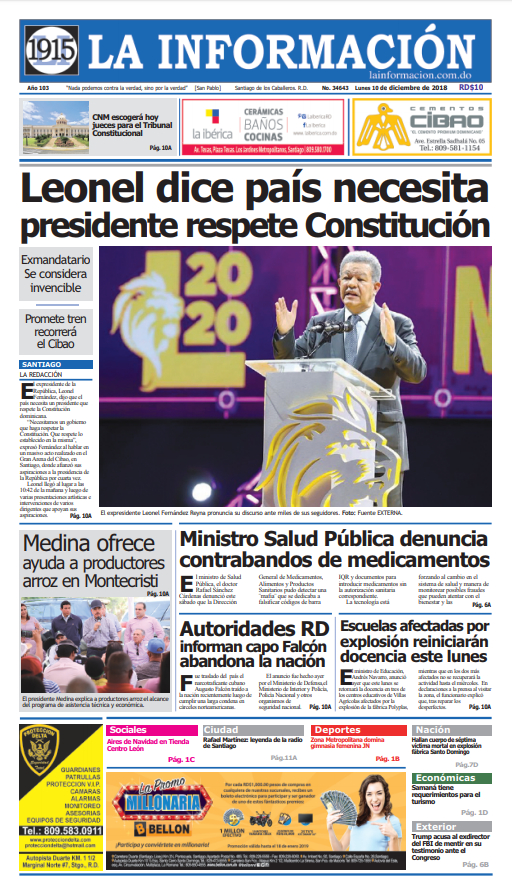 Portada Periódico La Información, Lunes 10 de Diciembre 2018