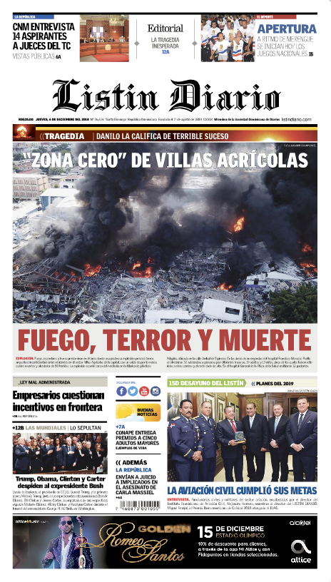 Portada Periódico Listín Diario, Jueves 06 de Diciembre 2018