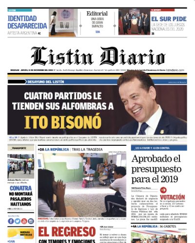 Portada Periódico Listín Diario, Jueves 13 de Diciembre 2018