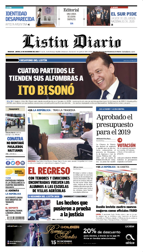 Portada Periódico Listín Diario, Jueves 13 de Diciembre 2018
