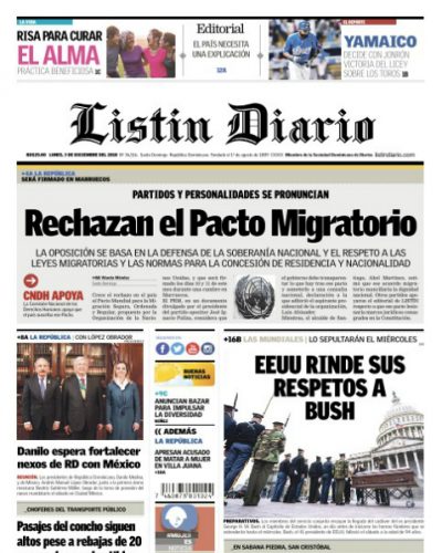Portada Periódico Listín Diario, Lunes 03 de Diciembre 2018