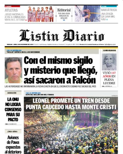Portada Periódico Listín Diario, Lunes 10 de Diciembre 2018