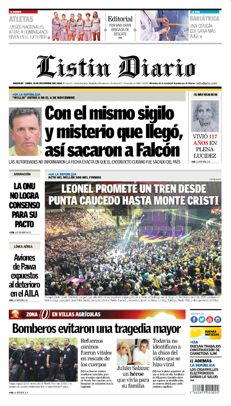 Portada Periódico Listín Diario, Lunes 10 de Diciembre 2018