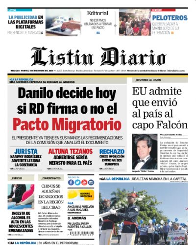 Portada Periódico Listín Diario, Martes 04 de Diciembre 2018