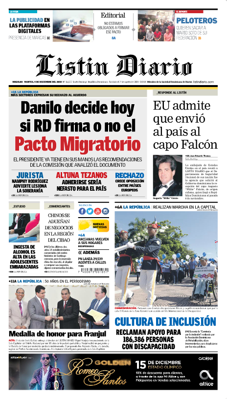 Portada Periódico Listín Diario, Martes 04 de Diciembre 2018