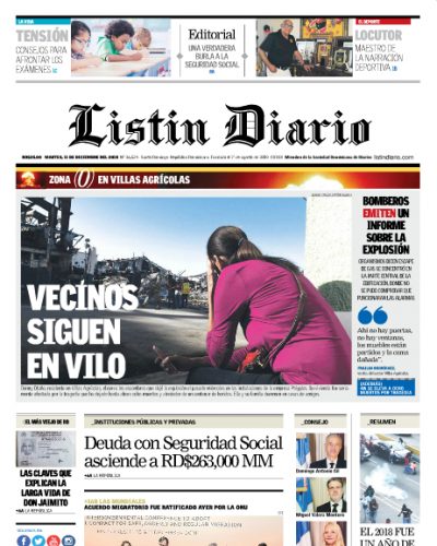 Portada Periódico Listín Diario, Martes 11 de Diciembre 2018
