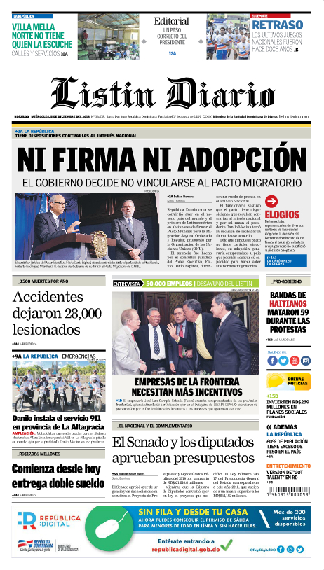 Portada Periódico Listín Diario, Miércoles 05 de Diciembre 2018