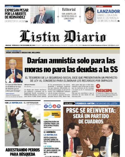 Portada Periódico Listín Diario, Miércoles 12 de Diciembre 2018
