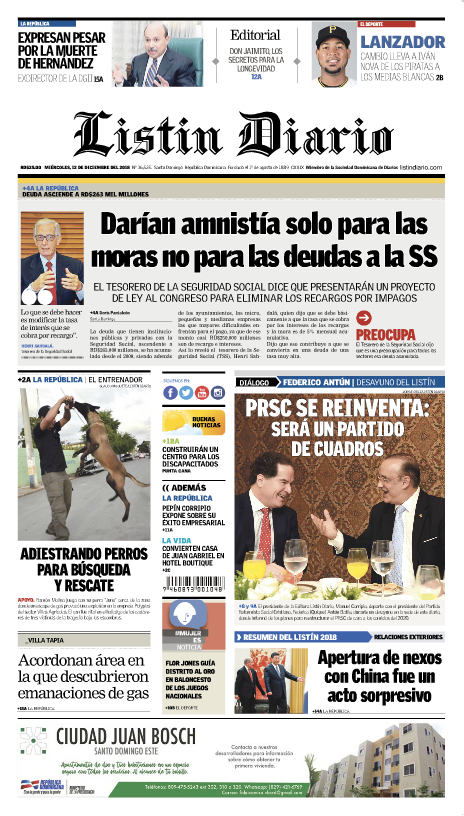 Portada Periódico Listín Diario, Miércoles 12 de Diciembre 2018