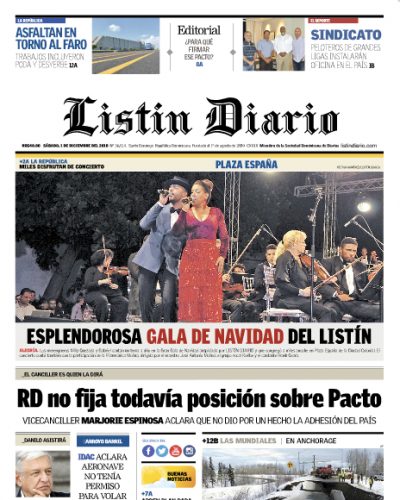 Portada Periódico Listín Diario, Sábado 01 de Diciembre 2018