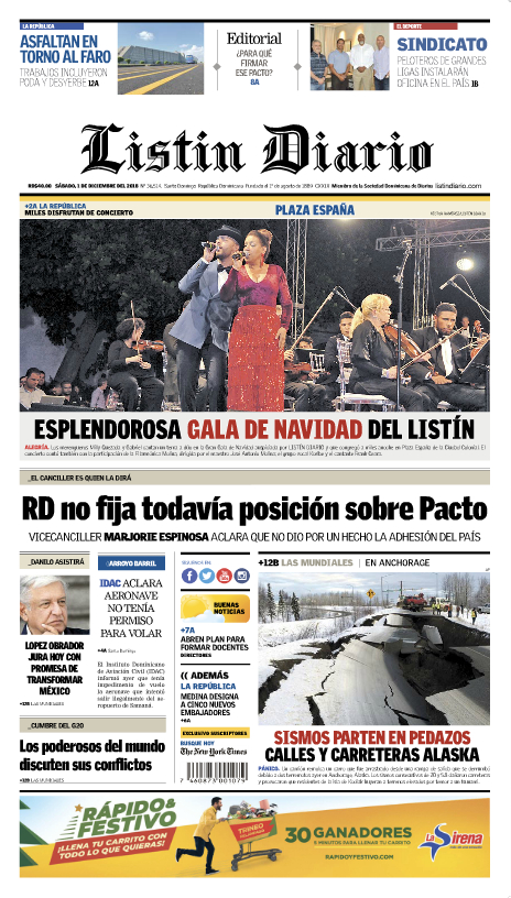 Portada Periódico Listín Diario, Sábado 01 de Diciembre 2018