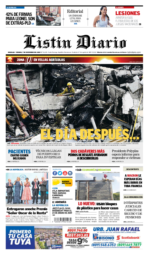 Portada Periódico Listín Diario, Viernes 07 de Diciembre 2018
