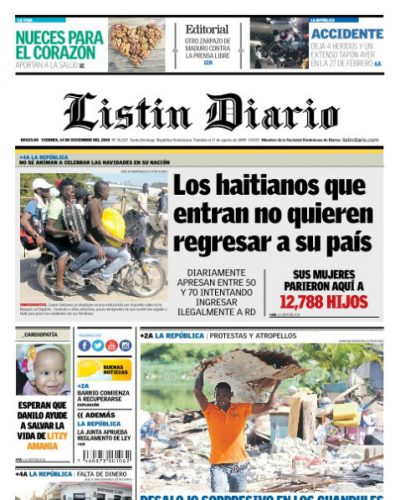 Portada Periódico Listín Diario, Viernes 14 de Diciembre 2018