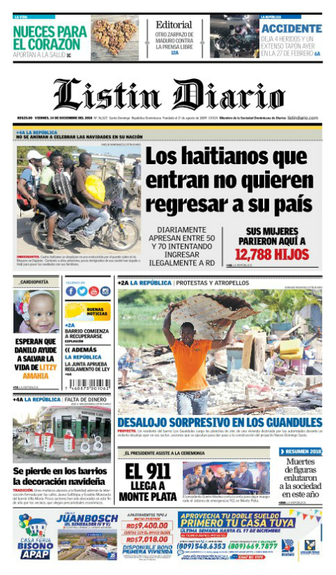 Portada Periódico Listín Diario, Viernes 14 de Diciembre 2018