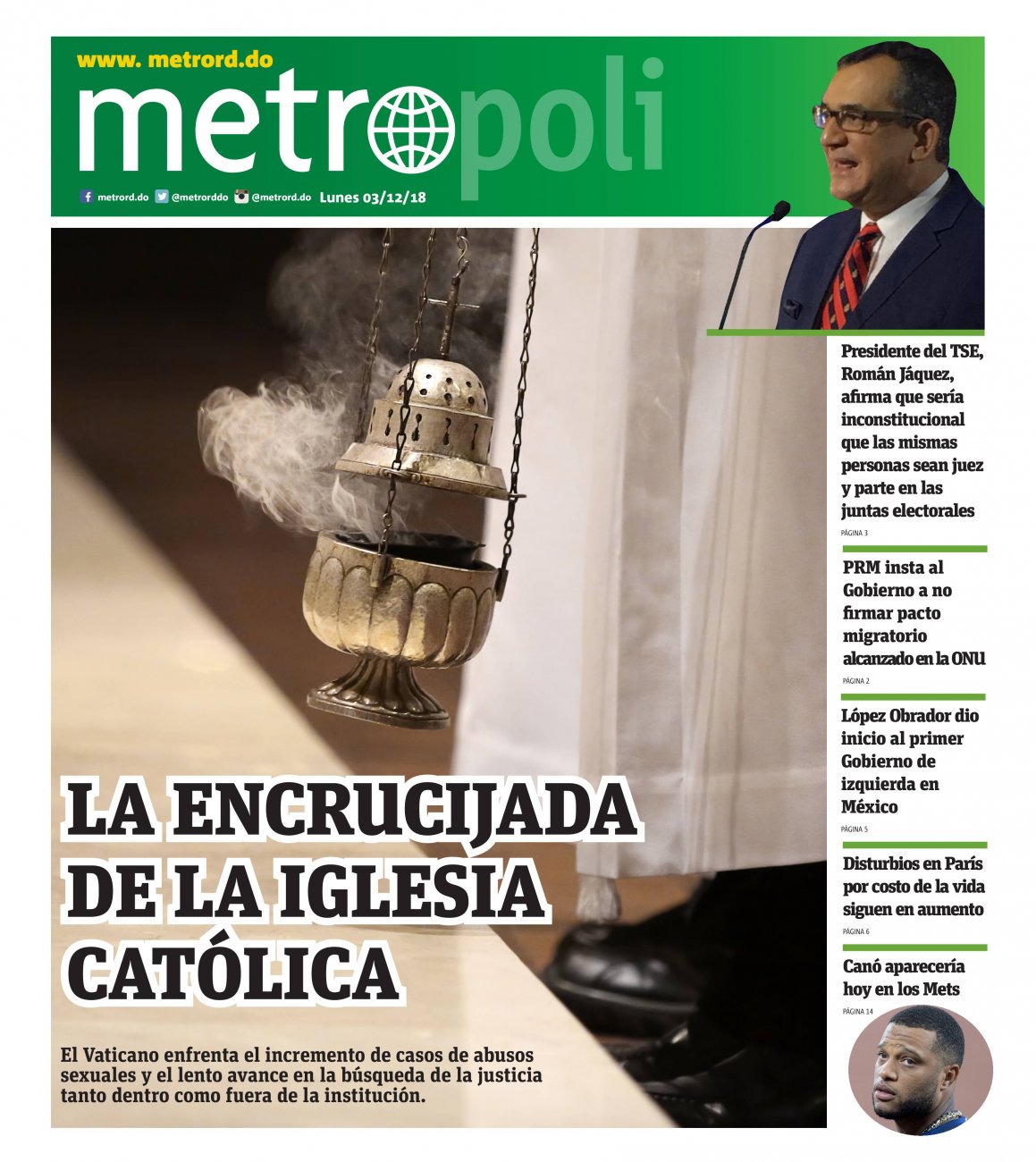 Portada Periódico Metro, Lunes 03 de Diciembre 2018