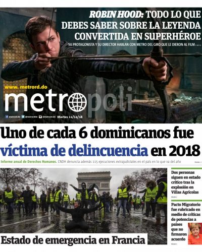 Portada Periódico Metro, Martes 11 de Diciembre 2018