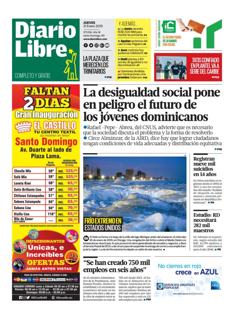Portada Periódico Diario Libre, Jueves 31 de Enero 2019
