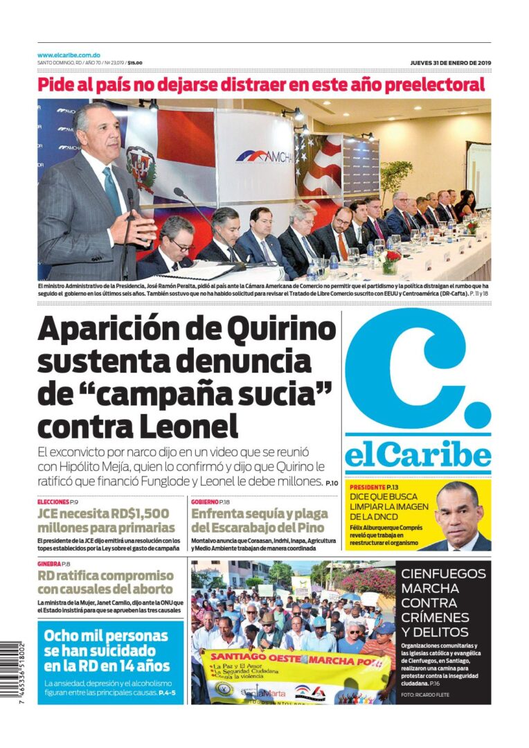 Portada Periódico El Caribe, Jueves 31 de Enero 2019