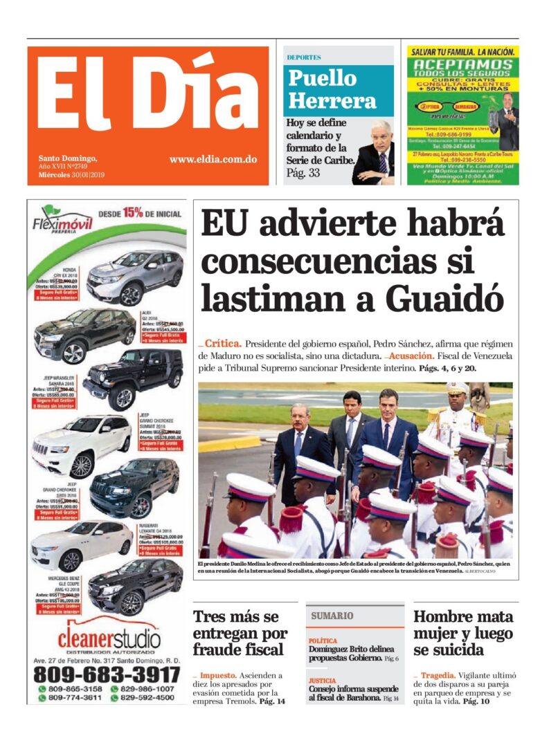 Portada Periódico El Día, Miércoles 30 de Enero 2019