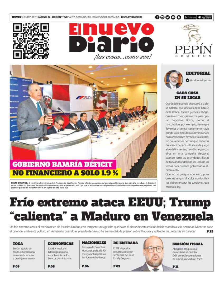 Portada Periódico El Nuevo Diario, Jueves 31 de Enero 2019