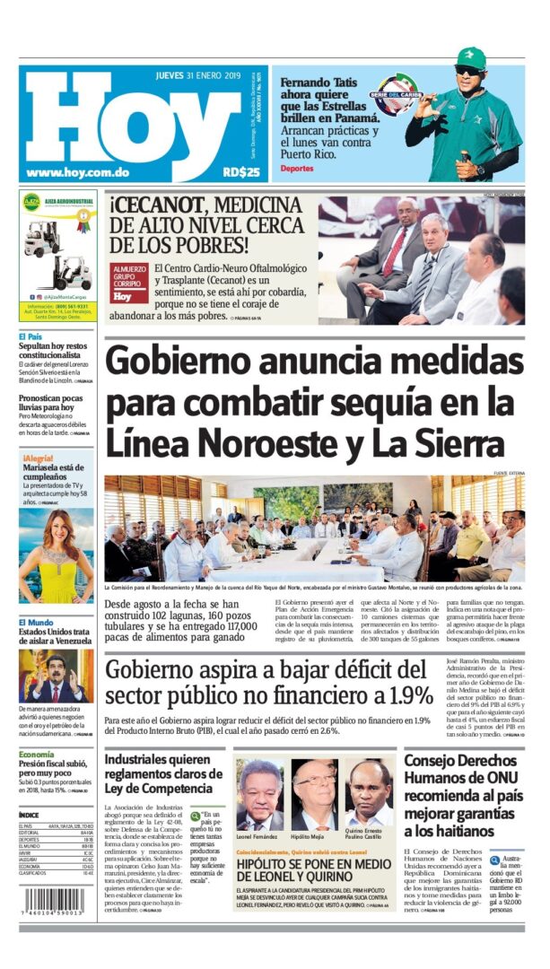 Portada Periódico Hoy, Jueves 31 de Enero 2019