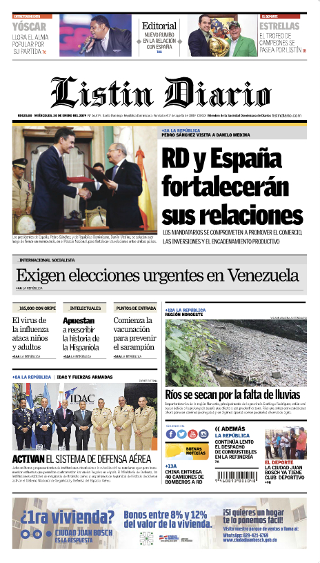 Portada Periódico Listín Diario, Miércoles 30 de Enero 2019