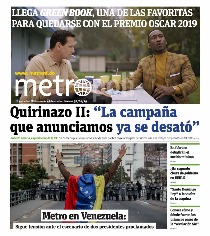 Portada Periódico Metro, Jueves 31 de Enero 2019