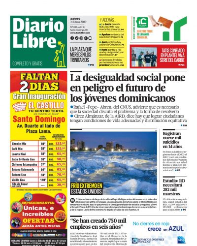 Portada Periódico Diario Libre, Jueves 31 de Enero 2019